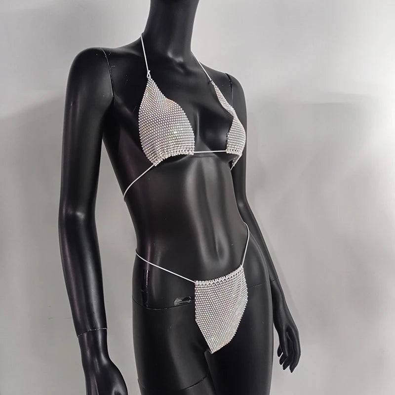 Bling Rhinestones Bra Panty Set Women Sexy Halter Bra Sexy Panty Two Piece Set Summer Beach Outfits Party Club Matching Sets