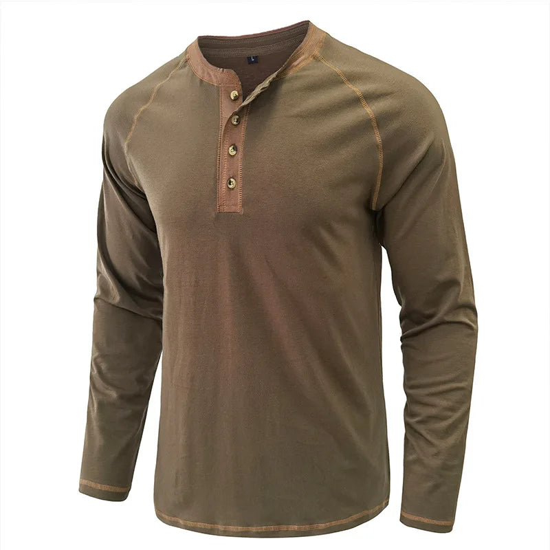 Summer  Autumn Men's American Heavy Cotton Henry Shirt  Long Sleeve Fitness Tough Guy T-Shirt Casual  T Shirt for Men Clothing
