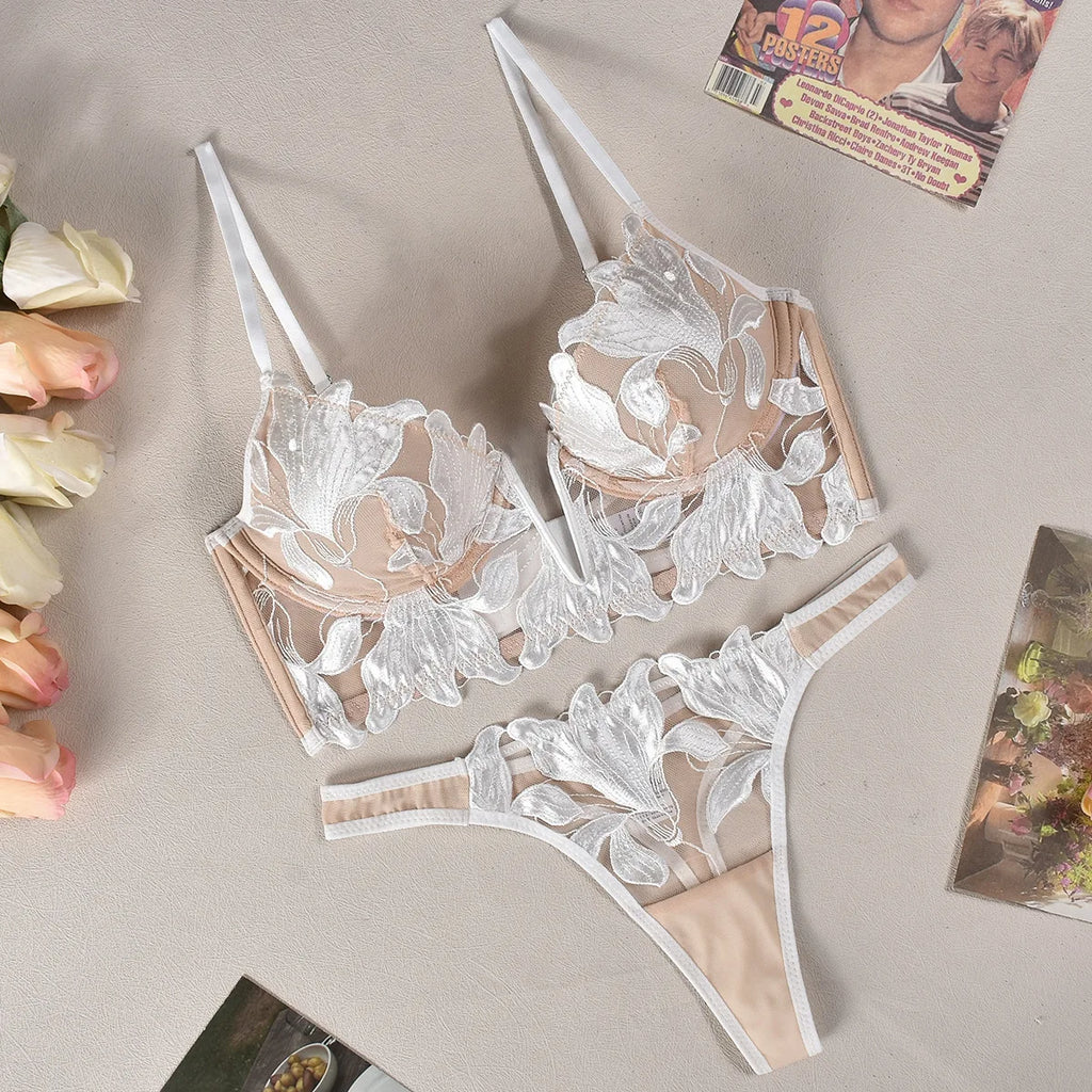 Sexy French Deep V Embroidery Mesh Lingerie Set Autumn Women's Ultra-thin Lace Bra and Panty Set Female Solid See Though Bra