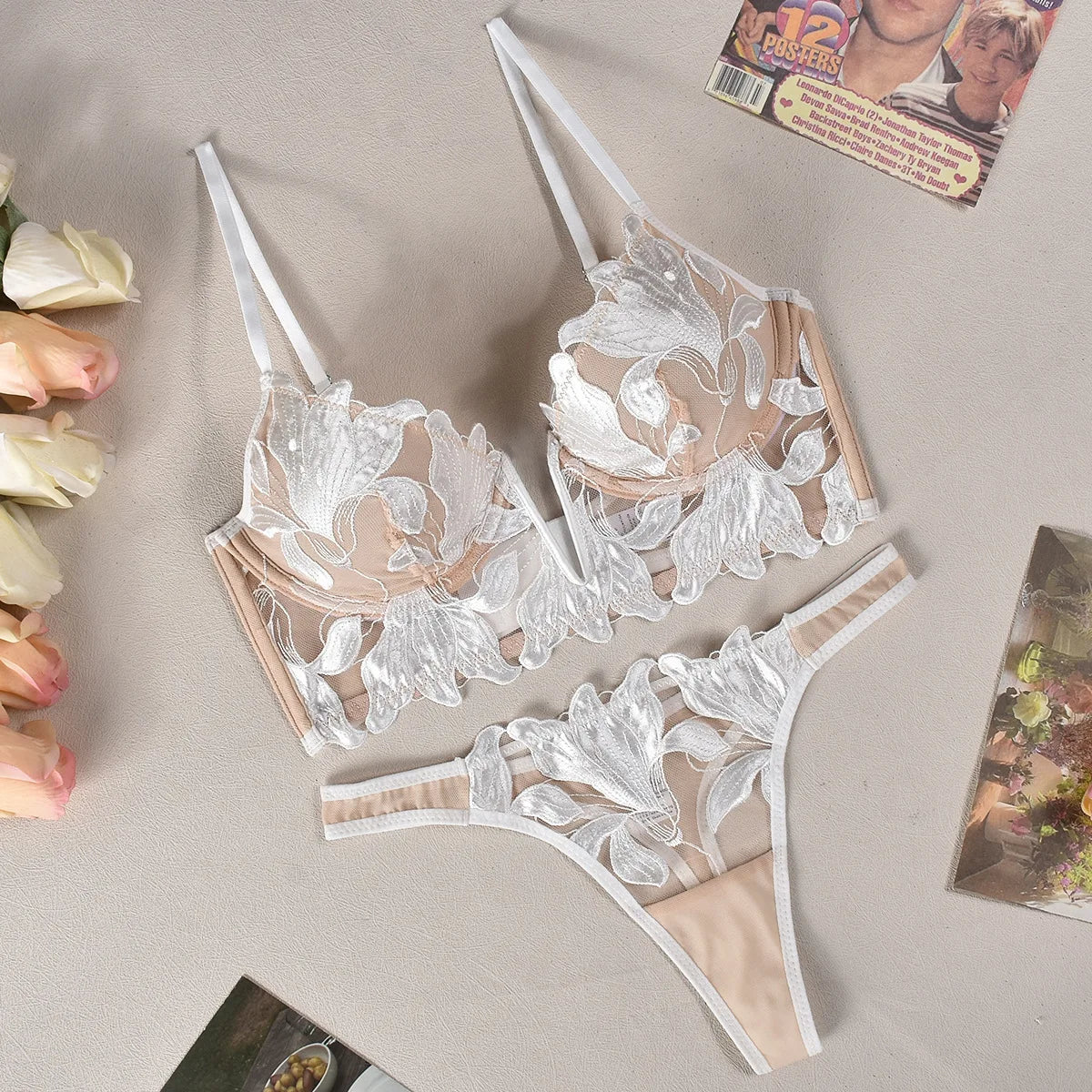 Sexy French Deep V Embroidery Mesh Lingerie Set Autumn Women's Ultra-thin Lace Bra and Panty Set Female Solid See Though Bra
