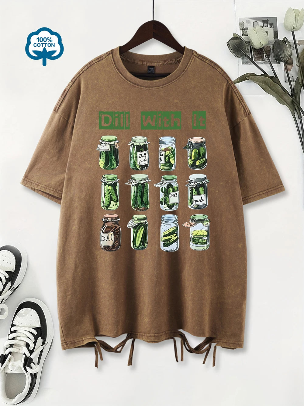 Summer Washed T-Shirts Womens Cotton Dill With It Canned Cucumber Prints T Shirt Street O-Neck Oversized Tops Casual Clothes
