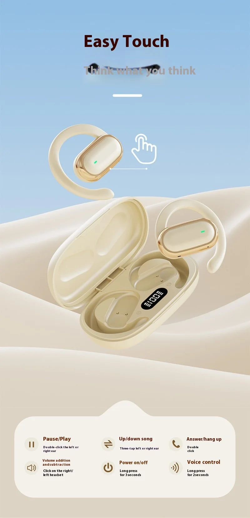 Wireless Bluetooth Earphones, Ear-hook Earbuds Power Display Earphone for iPhone HD Sound Headphones Sports Music Headsets
