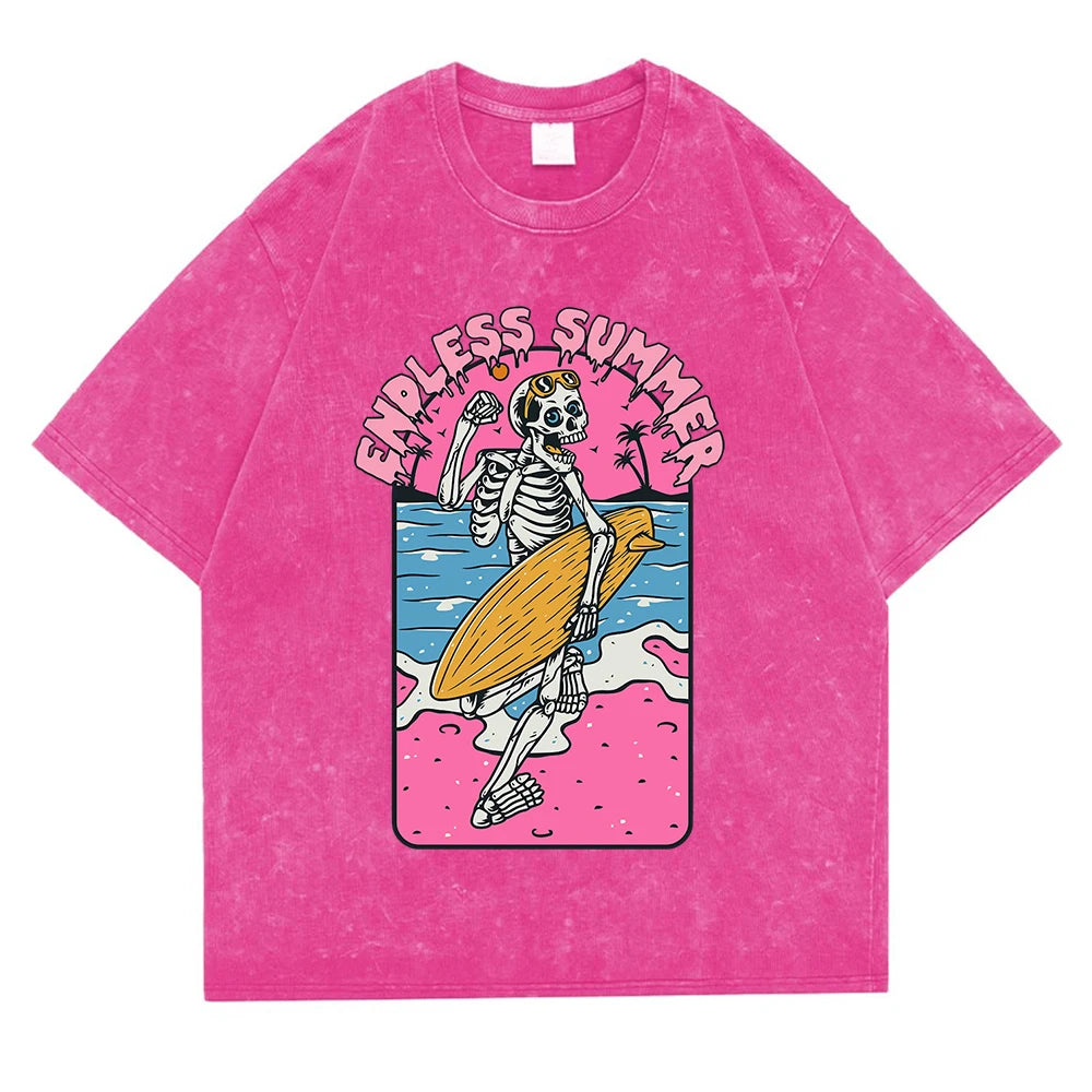 Endless Summer Skeleton Surfing 
Washed Retro Snow Clothing Men Quality T-Shirt Summer Cotton T-Shirts Hip Hop Street Loose Tops