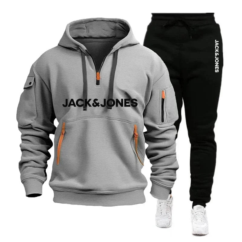 A two-piece outdoor fashion jogging and fitness set for men in autumn and winter, featuring a hooded sweatshirt and casual pants