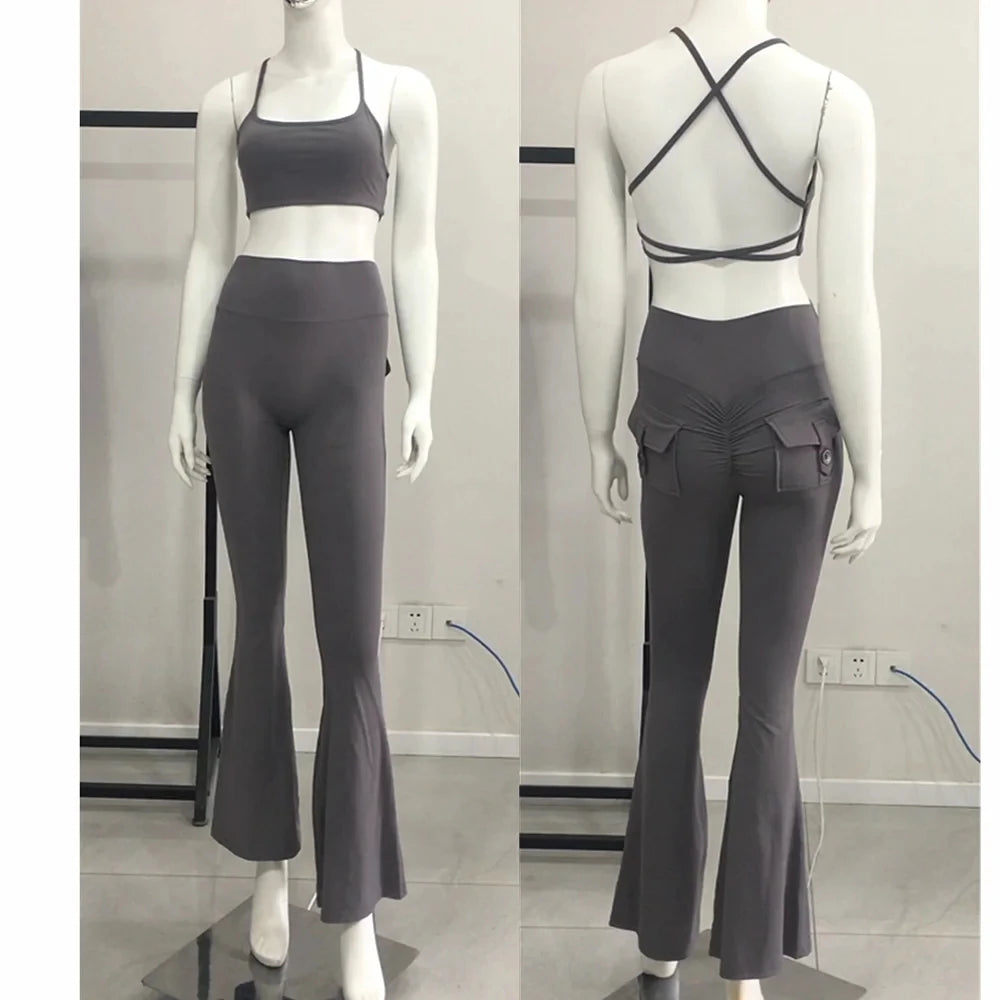 1/2PCS Fitness Cross Sport Bra Fitness Yoga Set Women High Waist Flare Leggings Female Workout Pant Tracksuit Gym Active Suits