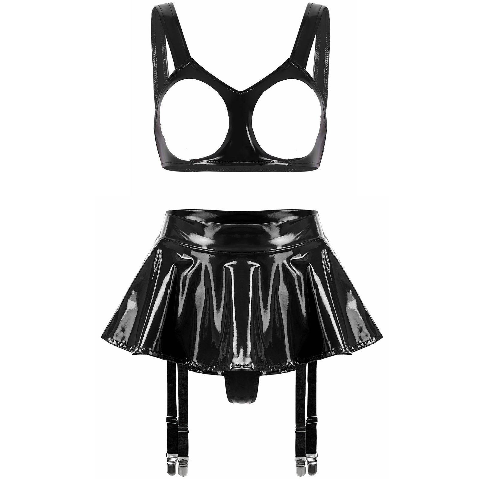 Lingerie Sexy Set Women Wetlook Patent Leather Wire-free Open Cup Sexy Bra with Ruffle Built-in Thongs Garter Belt Mini Skirts