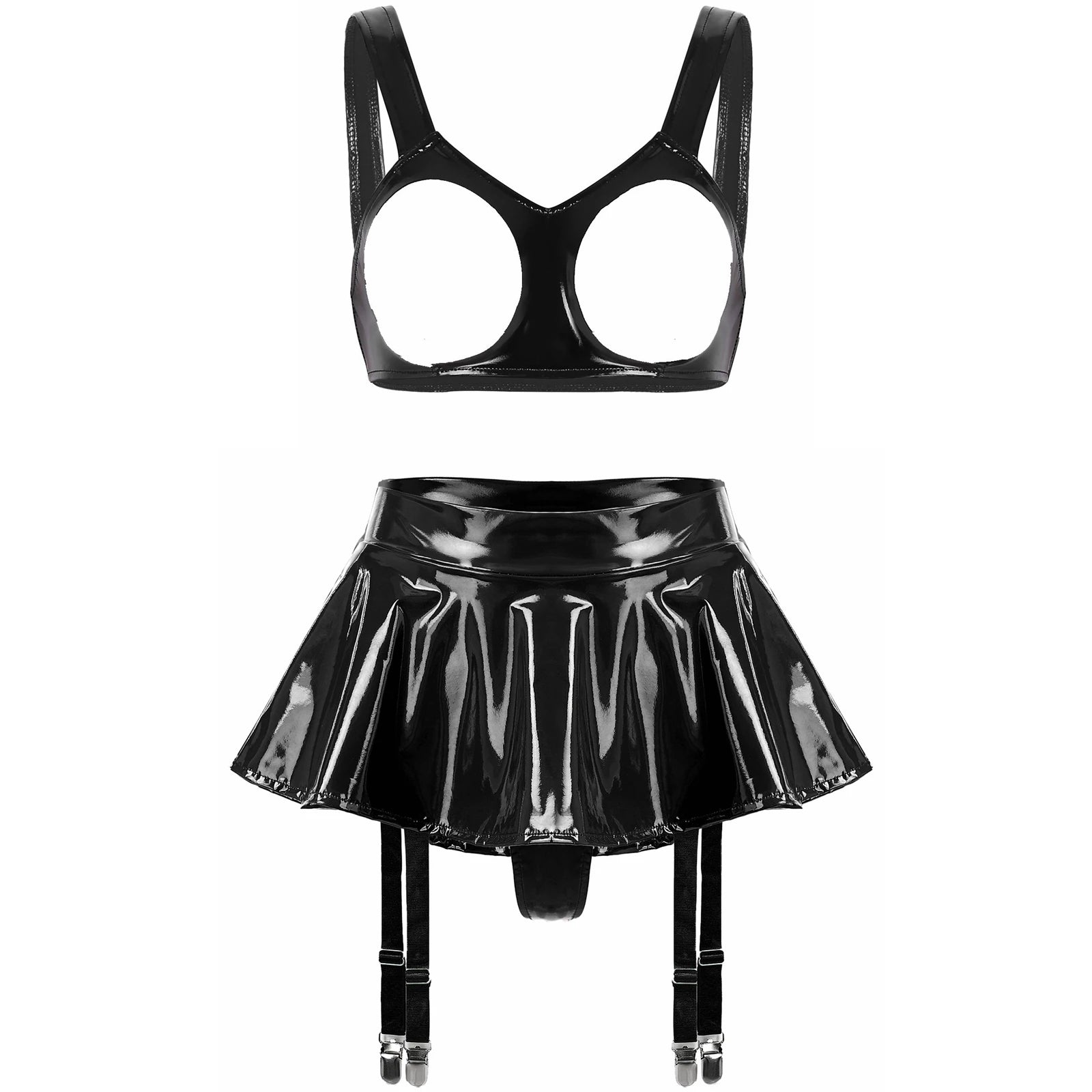 Lingerie Sexy Set Women Wetlook Patent Leather Wire-free Open Cup Sexy Bra with Ruffle Built-in Thongs Garter Belt Mini Skirts