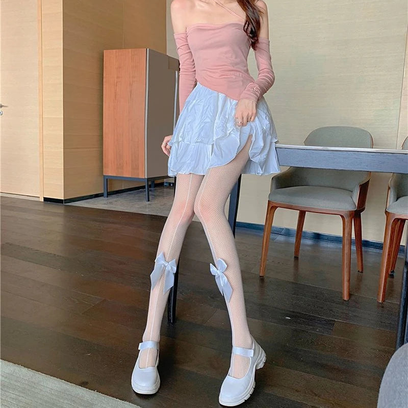 Lingerie Sexy Lace Mesh Fishnet Thigh High Stockings Women Cute Bow Sweet Girls Kawaii Pantyhose summer cosplay lolita Tights
