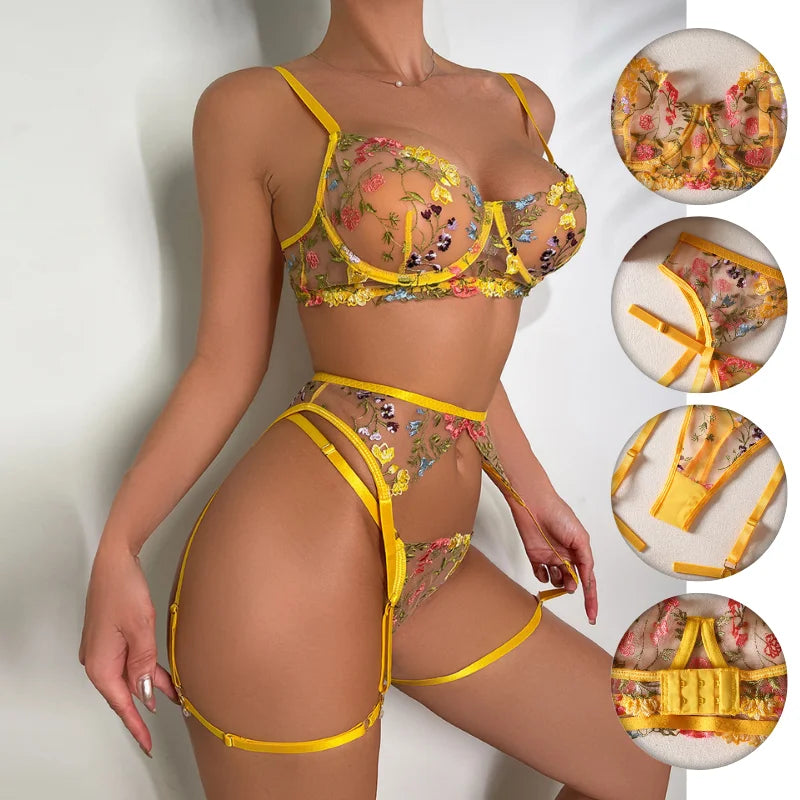 Lingerie Set Sensual Lace Underwear Transparent Embroidery 3 Pcs Garters Fancy Beautiful Short Skin Care Kits Intimate Bra Set