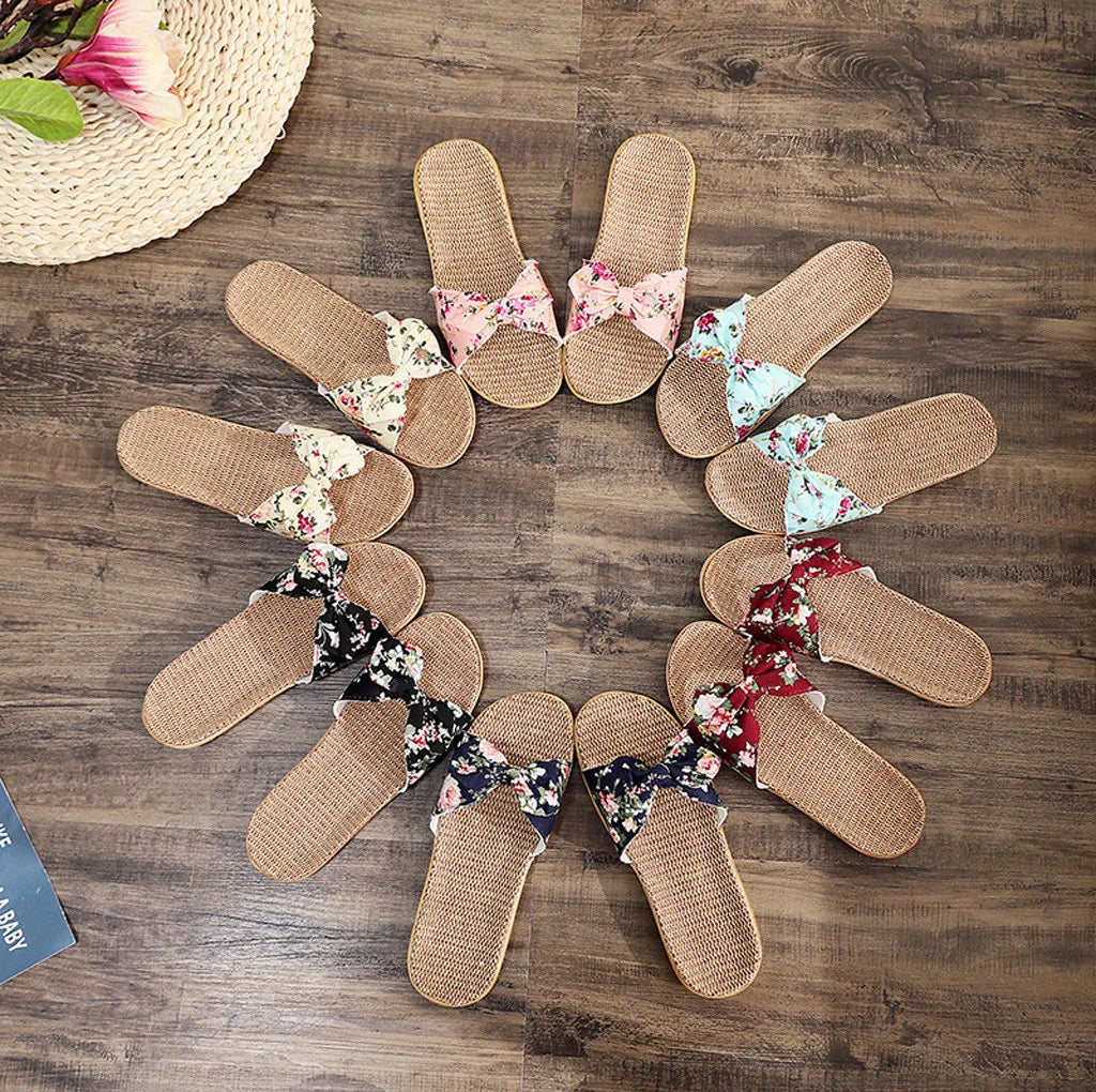 Shoes For Woman Sandalias Mujer Women Female Bowknot Flax Linen Flip Flops Beach Shoes Sandals Slipper Chaussures Femme