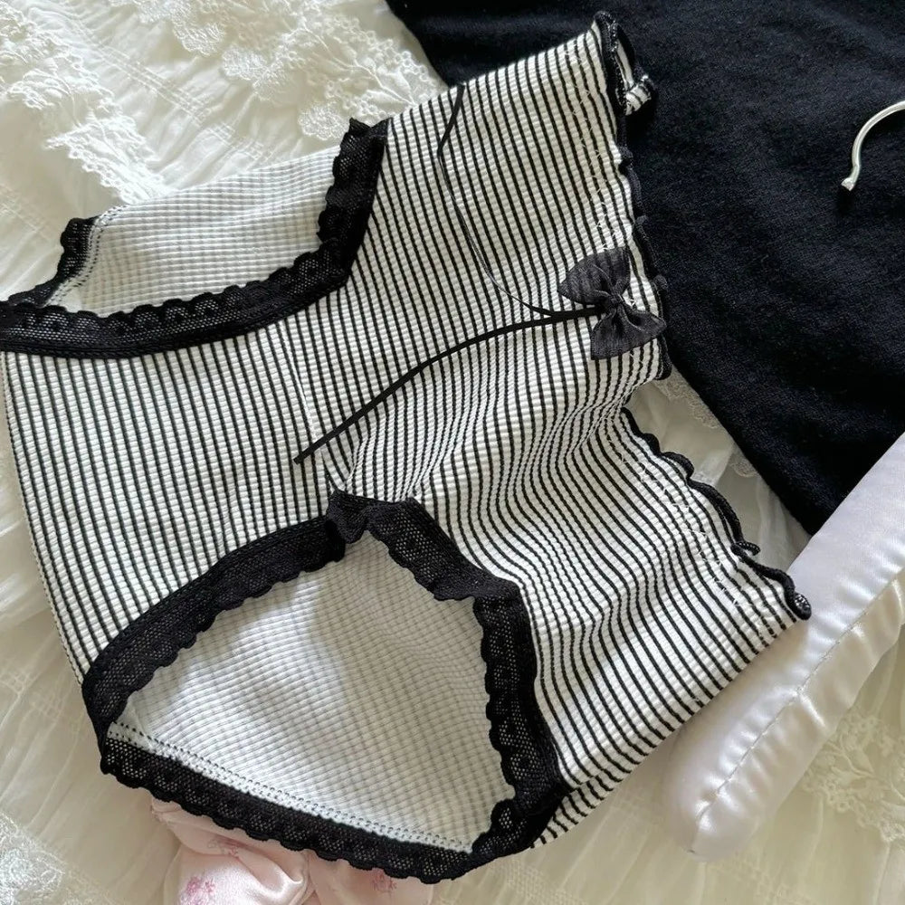 Lingerie Mid-waist Underwear for Women Ruffle Stripe Sweet Cotton Panties Underpants Dots Bow Briefs Girl