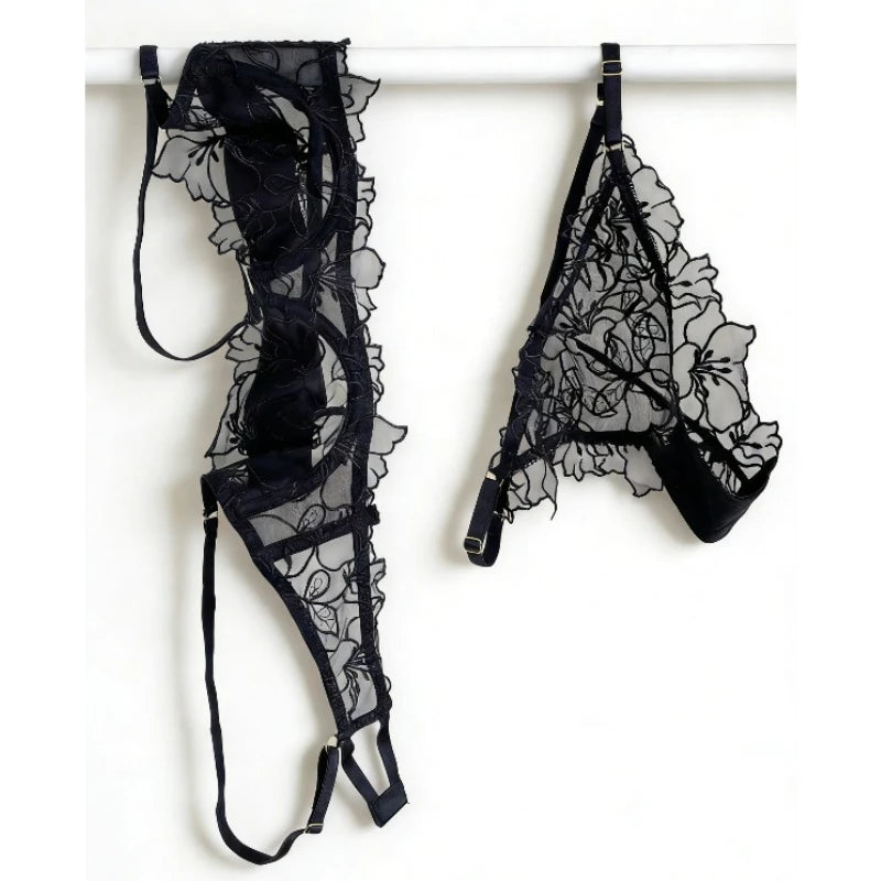 Padded Bra Set Small Bust | Lace Embroidered & Mesh Underwear Set with Soft Underwire, Comfortable Demi Cup Sexy Tushy Panty PP