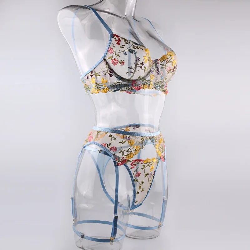Lingerie Set Sensual Lace Underwear Transparent Embroidery 3 Pcs Garters Fancy Beautiful Short Skin Care Kits Intimate Bra Set