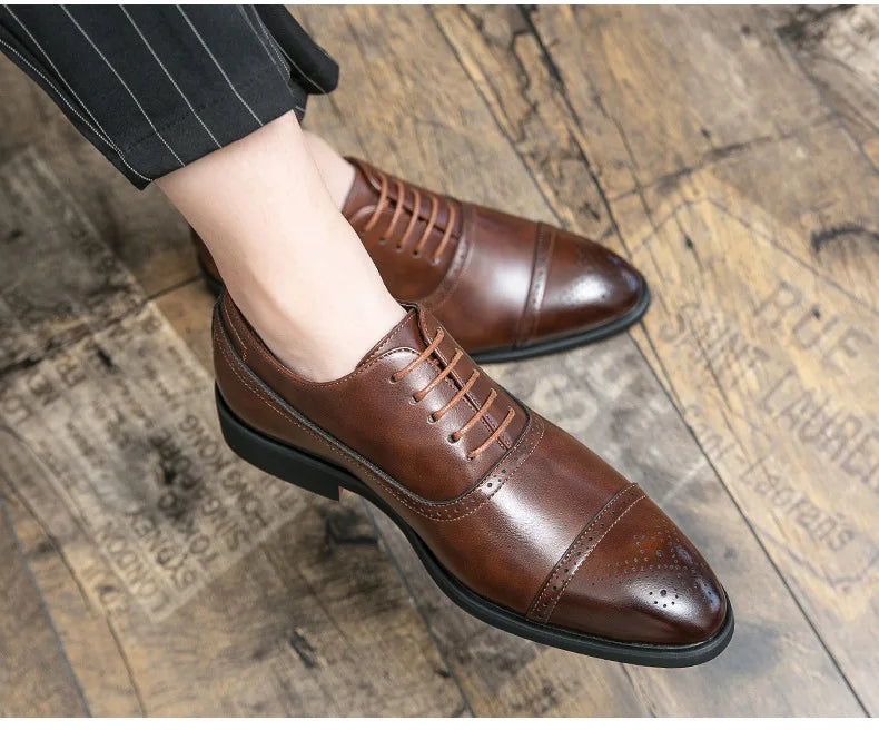 Men's Dress Shoes Red Sole Leather Shoes Pointed Party Shoe Lace-up Office Oxfords Casual Wedding Shoe Retro Business Men Shoes