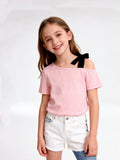 Summer New Girls' Short Sleeved Off Shoulder Solid Color Casual T-Shirt Fashionable And Versatile Design Sense Fashionable Top