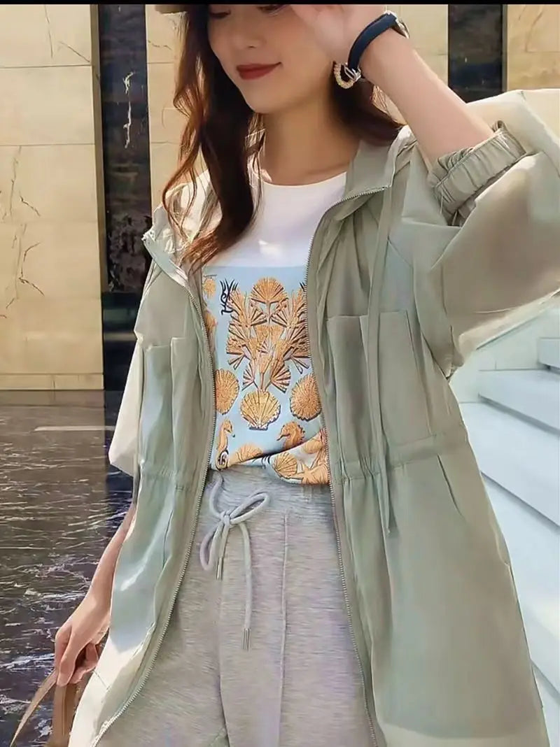 Summer Sunscreen For Women 2025 New Drawstring Waist Mid-length Thin Windbreaker UV Protection Cardigan Lightweight Trench Coat