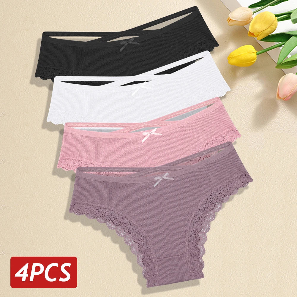 4PCS/Set Women Cotton Panties Sexy Lace Braizlian Panties Low Rise Hollow Out Underwear for Female Cute Bow Breathable Lingerie