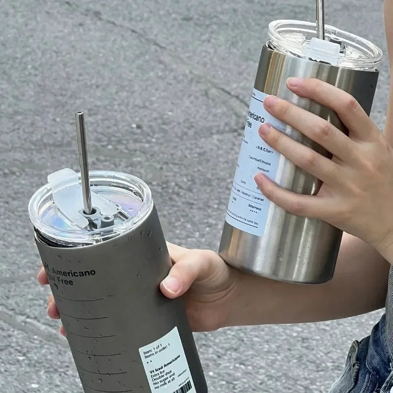 Thermos Cup Portable 304 Stainless Steel Coffee Mug Thermal Leak-proof Water Bottle with Straw Insulated Bottle Drinkware