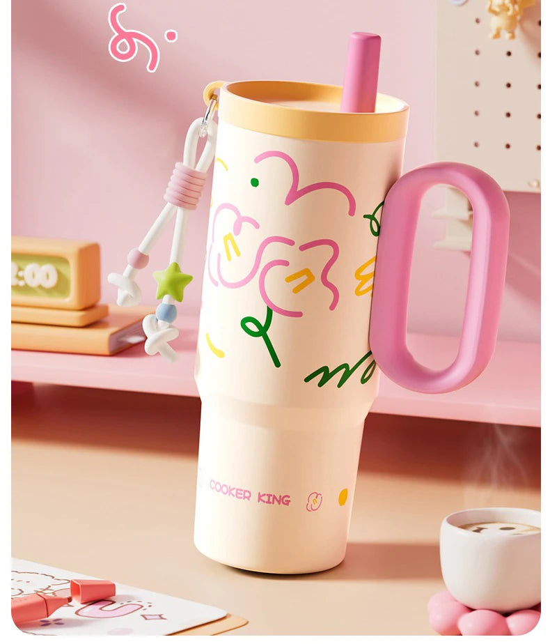 COOKER KING Spot Goods Vacuum Cup Thermal Mug Straw Insulated Ice Cup Car Thermal Mug with Handle Stylish Insulated Coffee Cup