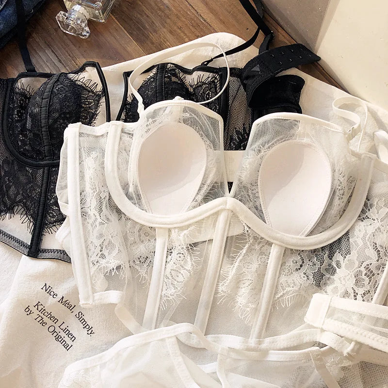 Sexy fishbone vest bra panty set eyelashes lace perspective soft steel ring anti-sagging underwear women bralette