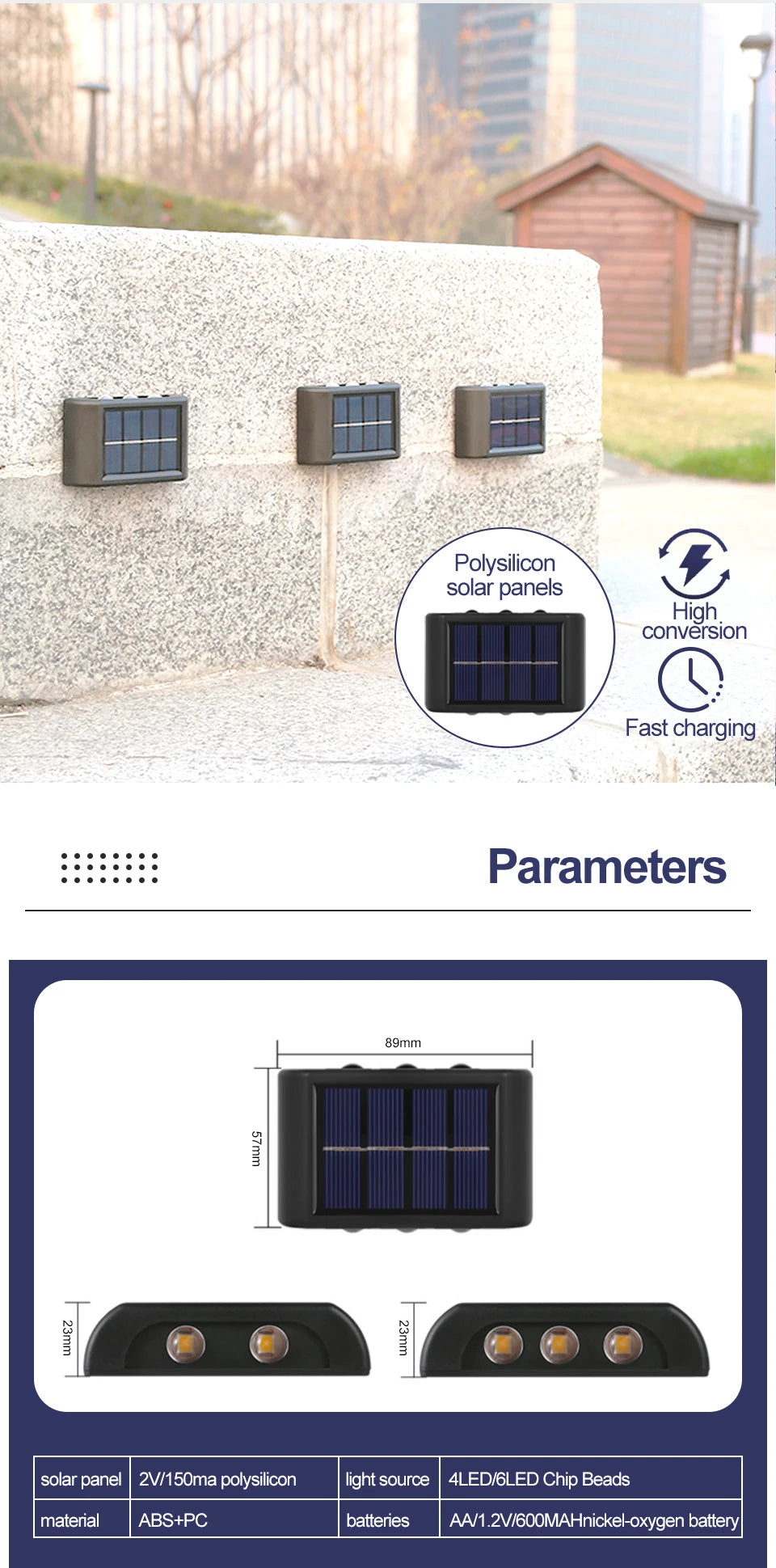 Solar Up Down Double Headed High Brightness Wall Light Outdoor Waterproof Garden Fence Door Sign Decorative Wall Washer Lighting