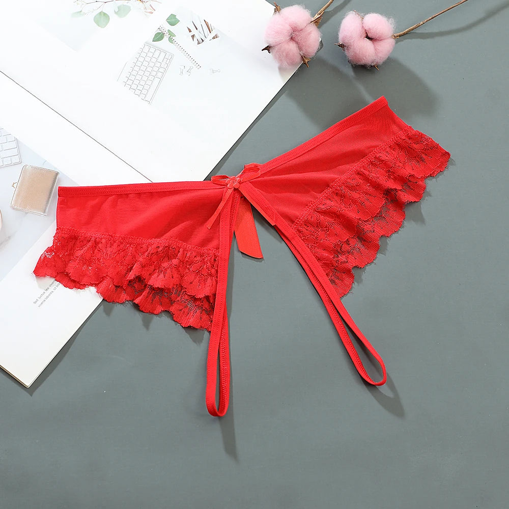 Sexy Female Llingerie  Sexy Lingerie Women's Panties Crotch Opening Transparent G-strings Thongs Hollow Out Solids Bowknot Under
