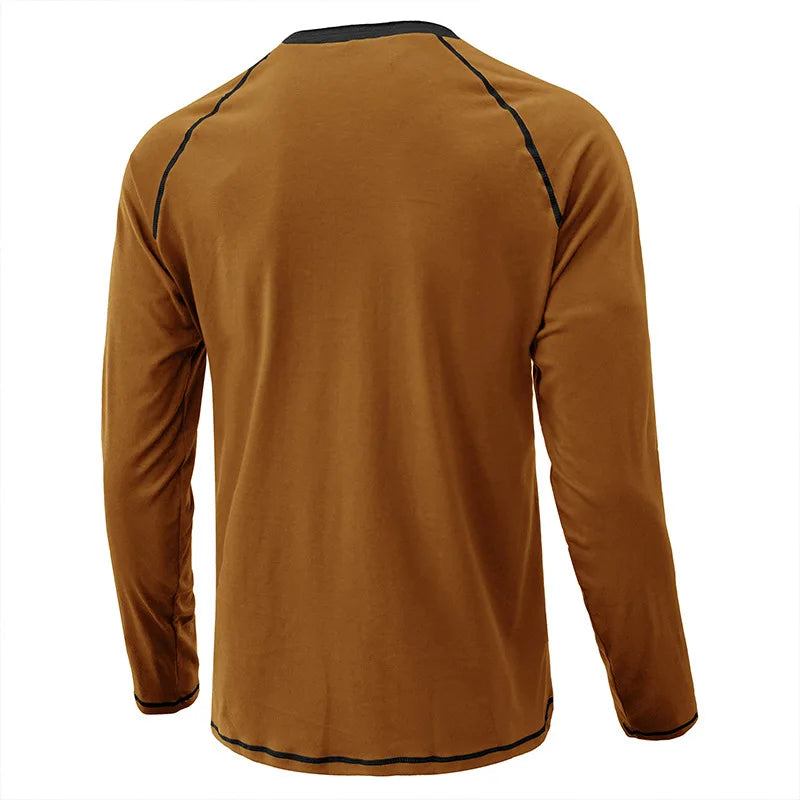 Summer  Autumn Men's American Heavy Cotton Henry Shirt  Long Sleeve Fitness Tough Guy T-Shirt Casual  T Shirt for Men Clothing