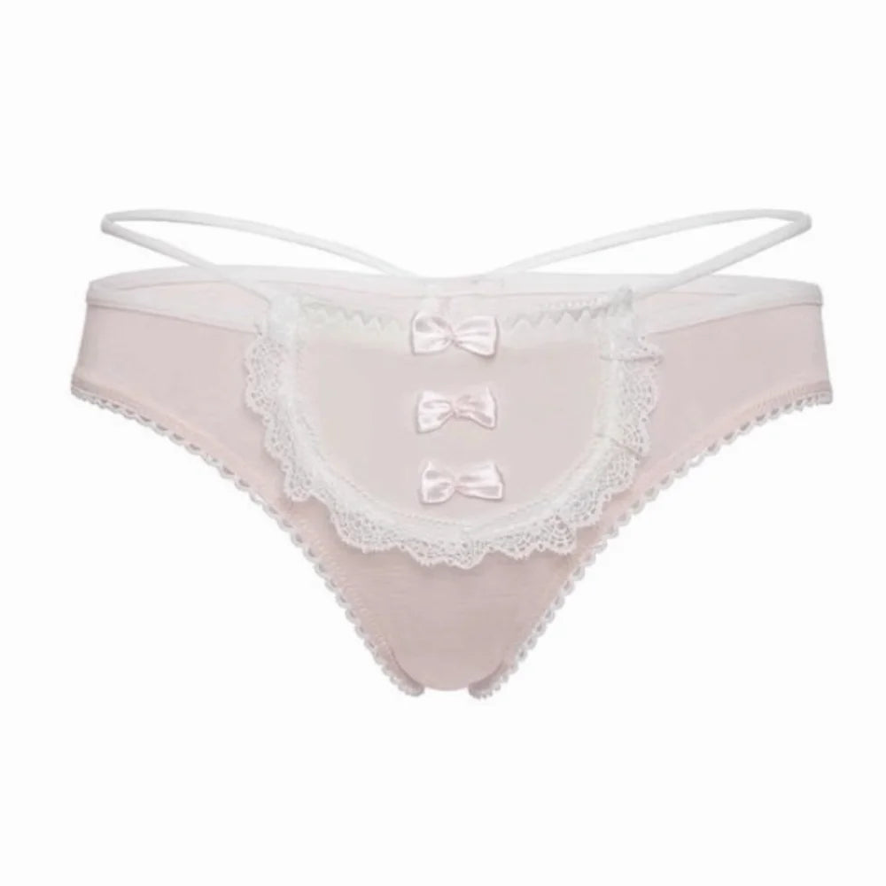 Lingerie Bow Lace Flower Panties Transparent Mid Waist French Style Briefs Seamless Hollow Women Underwear Girl