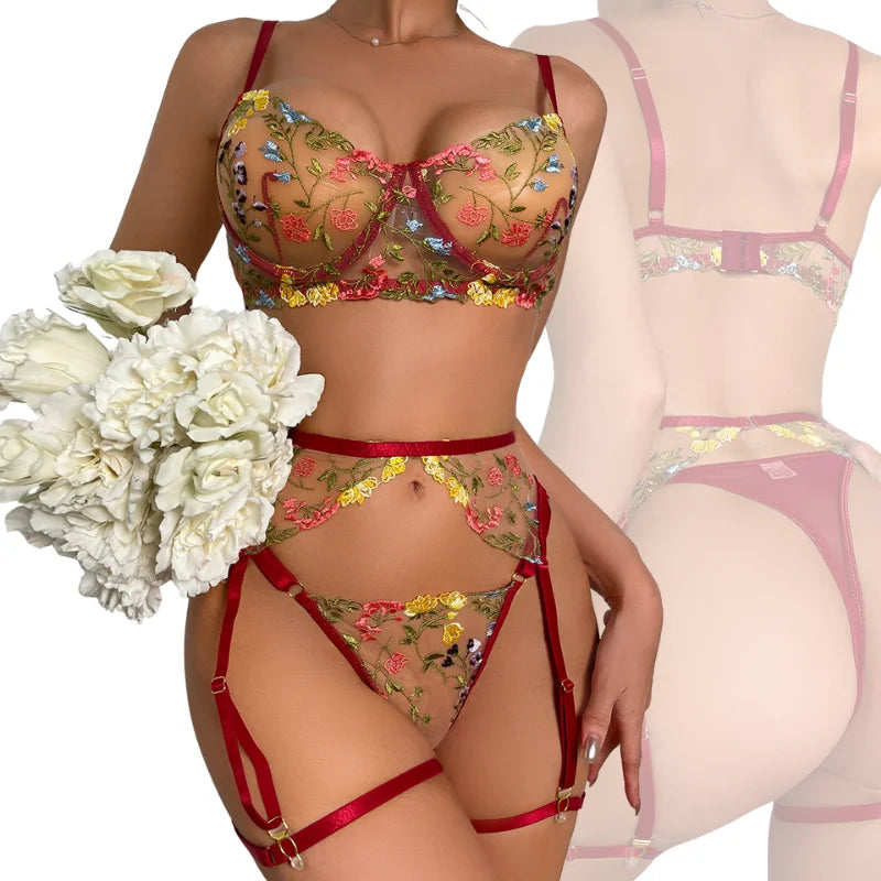 Lingerie Set Sensual Lace Underwear Transparent Embroidery 3 Pcs Garters Fancy Beautiful Short Skin Care Kits Intimate Bra Set
