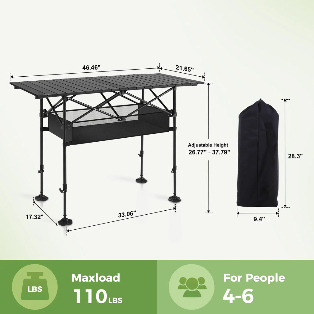 Folding Camping Table Portable Roll-up Table With Adjustable Height Large Storage Bag Carrying Bag For Outdoor&Indoor Picnic BBQ