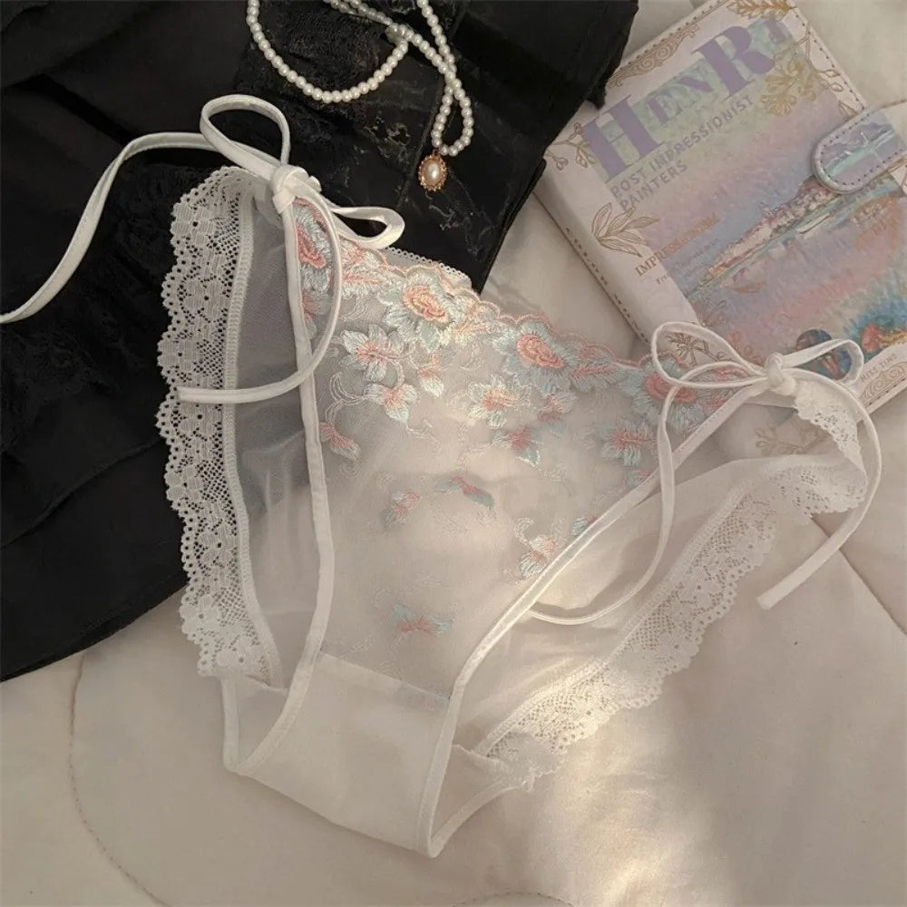 Lingerie Low Waist Embroidery Flower Panties Cotton Crotch Sweet Underwear for Women Transparent Mesh Lace Briefs Girl