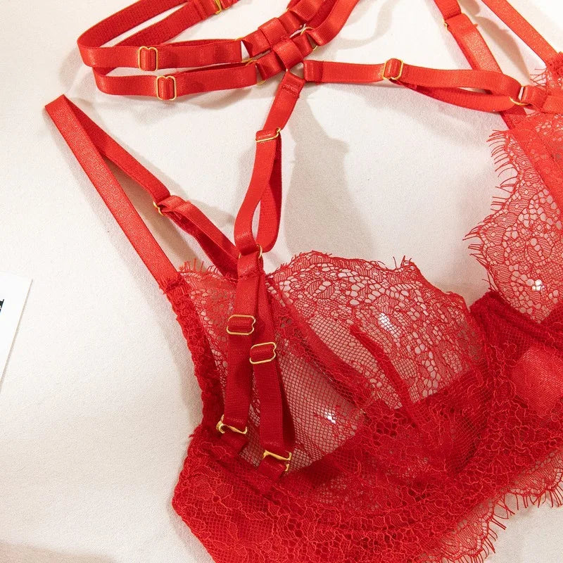 Lingeries Sexy Hot Eyelash Lace Trim Bandage Bra and Panty Lingerie Sets with Garter Belts Women's 3-Pieces Sets Erotic Costumes