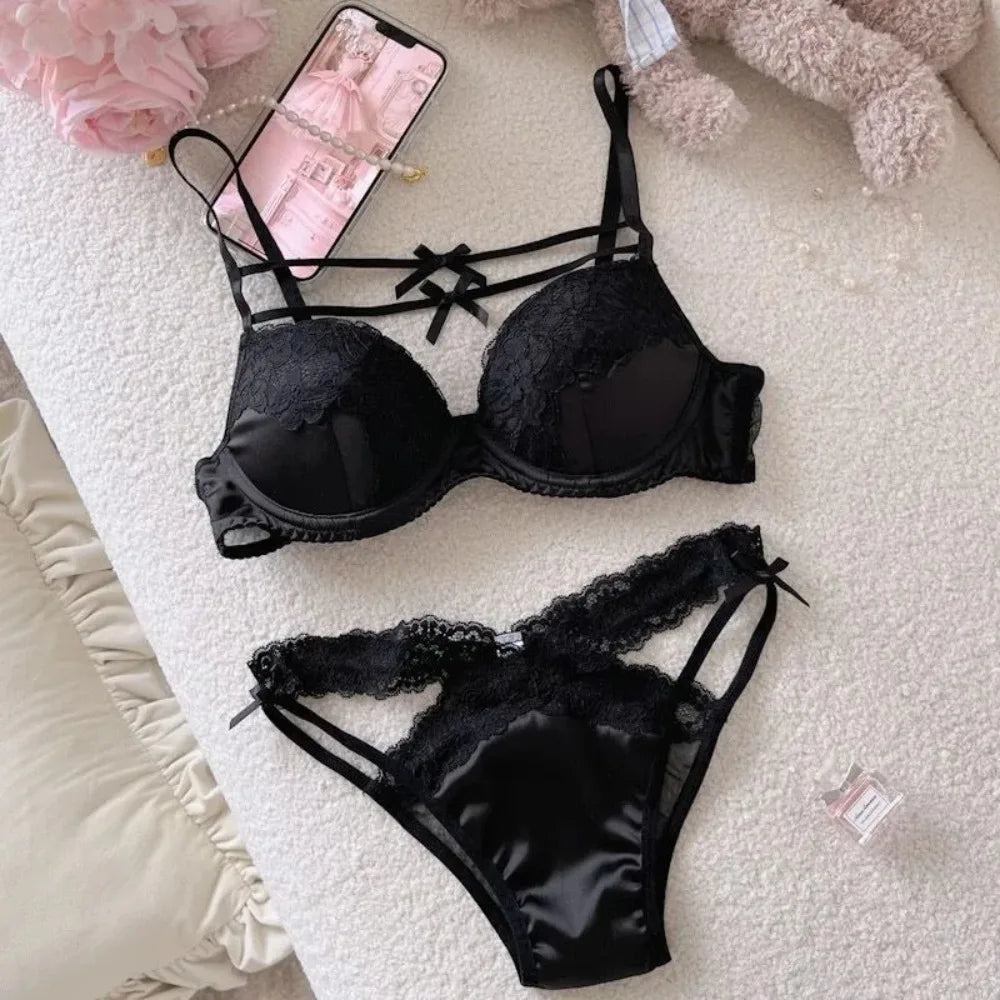 Women Underpants Low Waist Mesh Hollowed Bow Panties and Bra Set Breathable Briefts Lace Push Transparent Lingerie