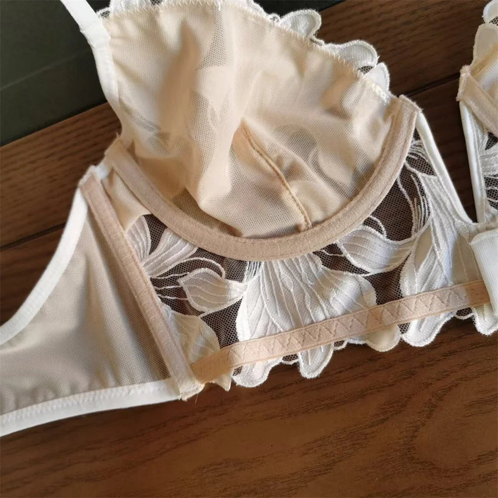 Sexy French Lace Floral Embroidery Brassiere Lingerie Set Women's Underwear Set Push Up thin Bralette Deep V Bra and Panty Set