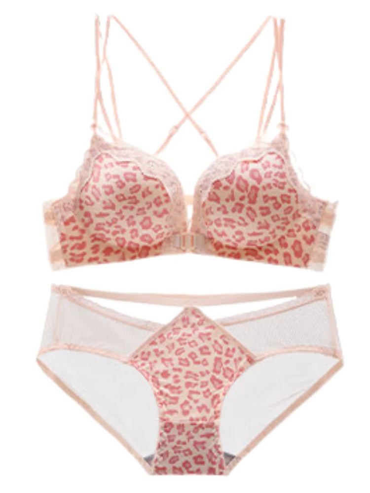 Hot Sale Front Closure Leopard Push Up Bra Set for Women, Backless Small Chest Lift Comfortable Underwear Set