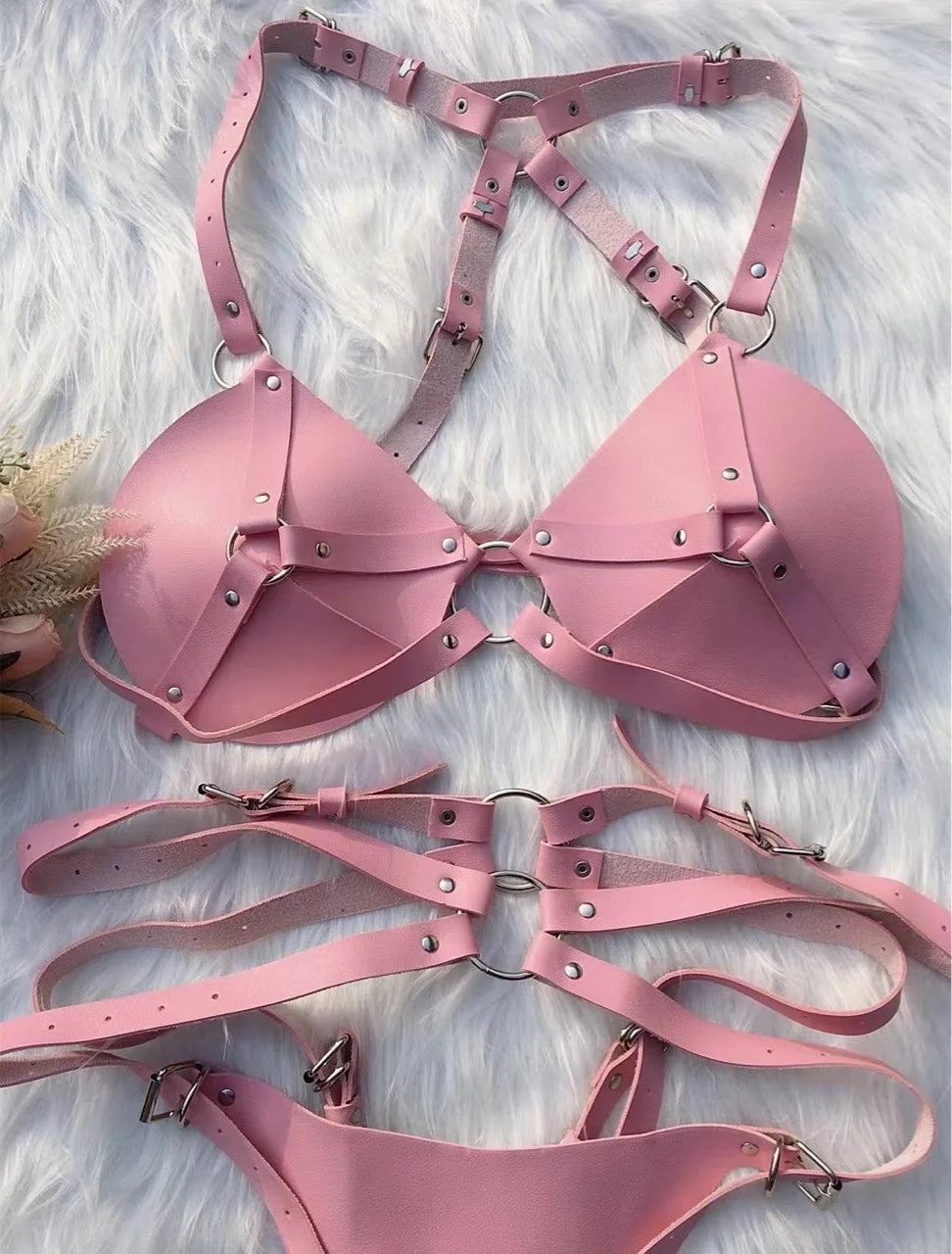 Leather Lingerie Set for Women Tight Bondage BDSM Fetish Bra Panty Set Sexy Hot Fashion Role Play Seductive Latex Style Costume
