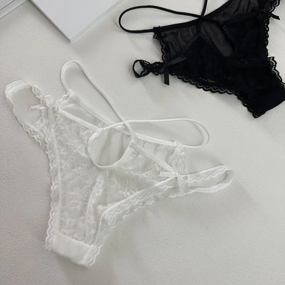 Lingerie Bow Lace Flower Panties Transparent Hollow Lace Mesh Briefs Low Waist Thin Strap Women Underwear Girl