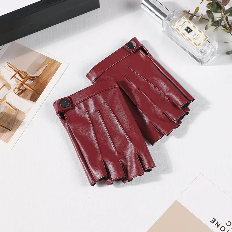 Fashion Half Finger Short Thin Punk PU Leather Gloves For Women Outdoor Driving Cycling Touch Screen Motorcycle Sports Fitness