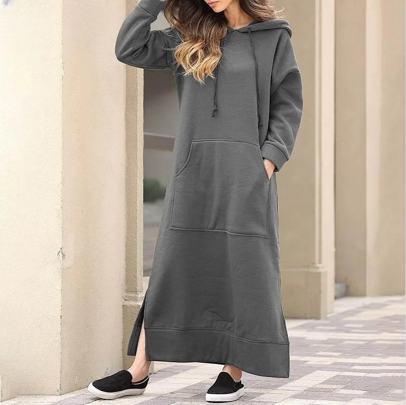Hoodies Dress For Women Fashion 2025 Hem Lace-up Midi Robe Hooded Long Dress Autumn Winter Warm Casual Loose Sweatshirt Vestidos