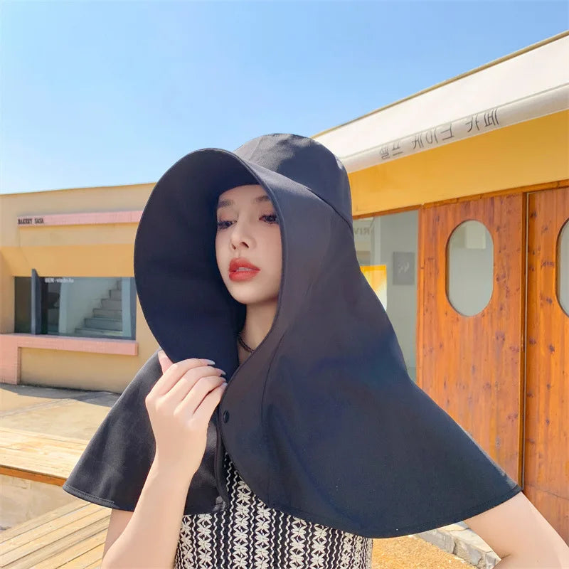Summer Hats for Women Outdoor UV Anti Neck Protection Sun Visors for Lady Fishing Hiking Wide Brim Shawl Sunscreen Ponytail Cap