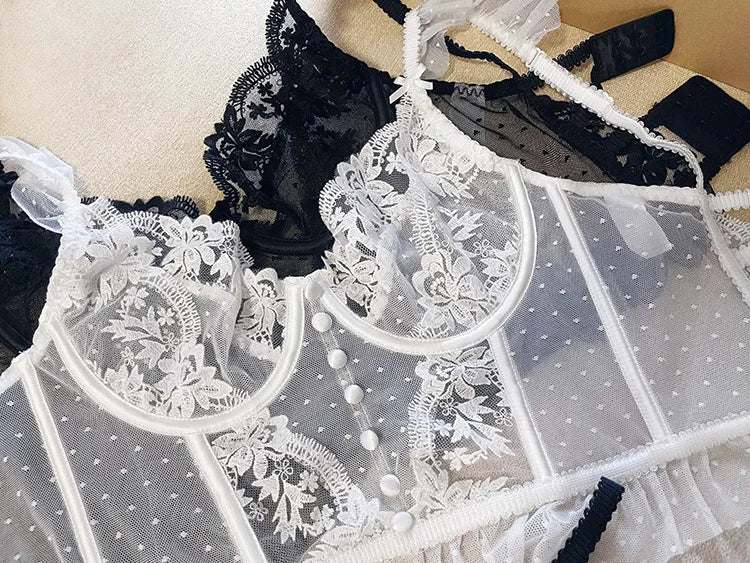 Embroidery Sexy Women Bra Set Underwear Push Up Brassiere Lace Transparent Bra Panty Sets Wedding Bralette Thin Underwear