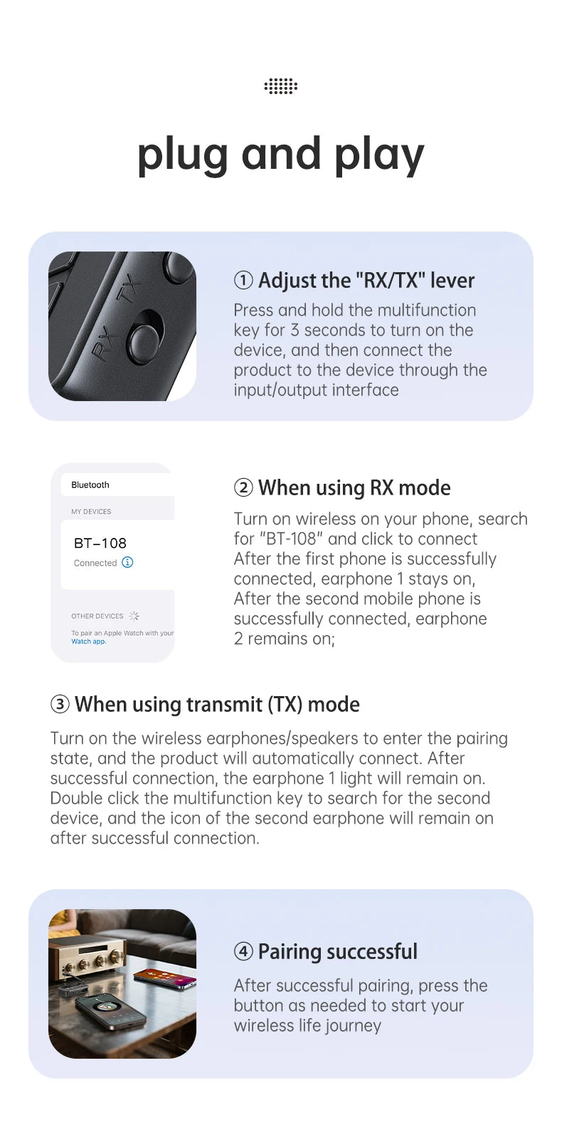 Bluetooth 5.4 Transmitter Receiver Supports to 2 Headphones/iphone AUX Wireless Audio Adapter for Car,Airplane,PC,Gym,Switch