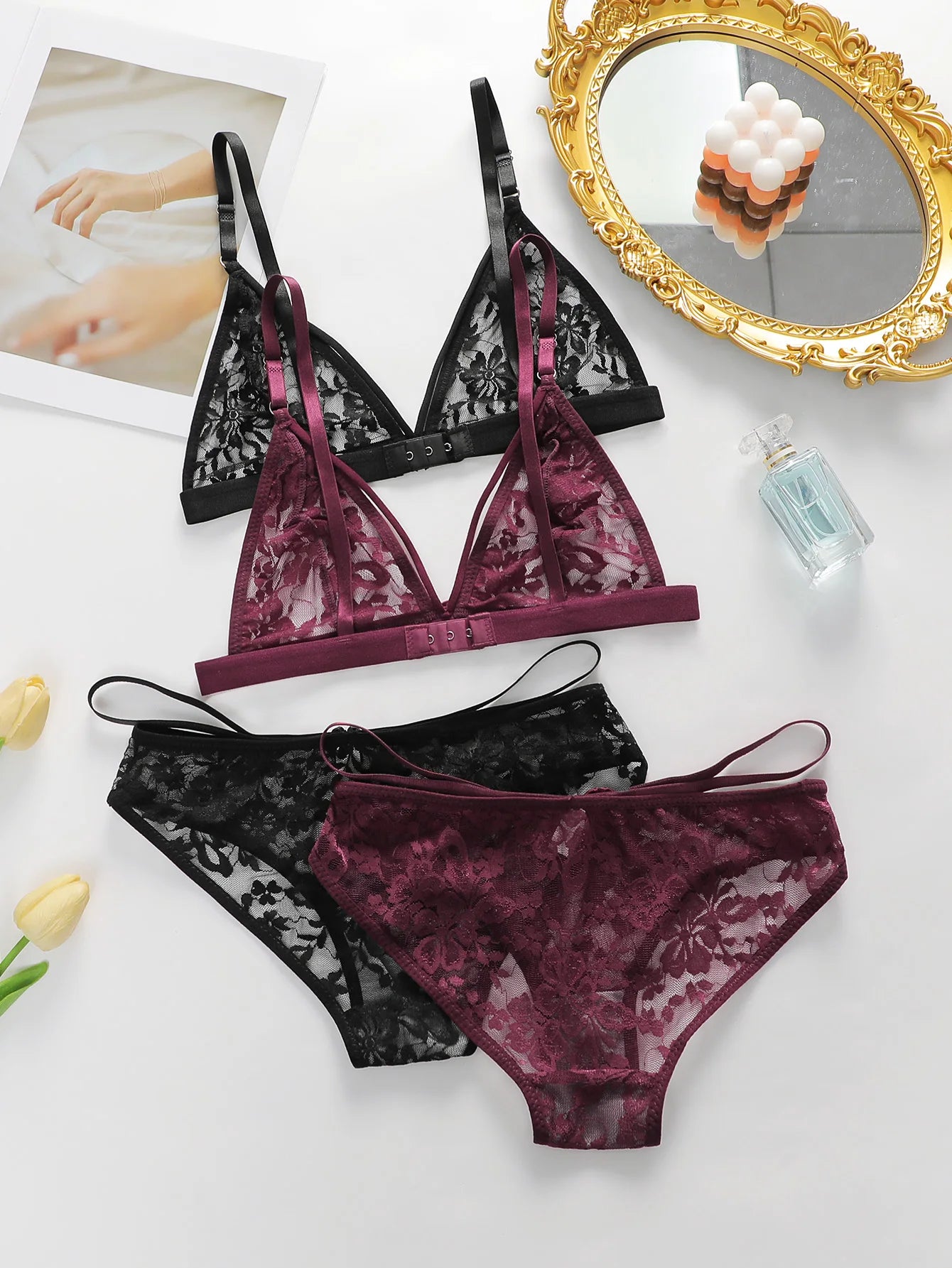 Women's Ultra-thin Lace Lingerie Two-piece Floral Lingerie Sexy Lingerie No Steel Hoop Push Up Bra A322