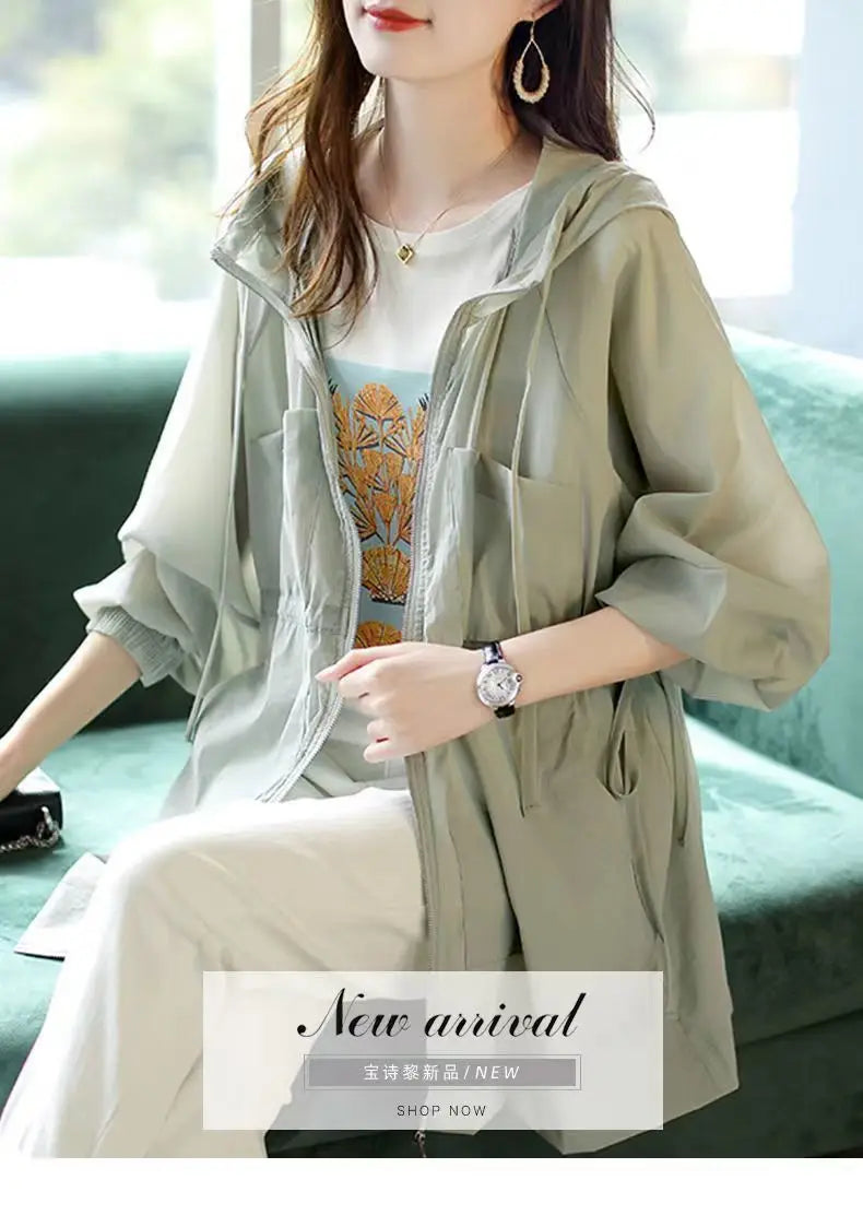 Summer Sunscreen For Women 2025 New Drawstring Waist Mid-length Thin Windbreaker UV Protection Cardigan Lightweight Trench Coat