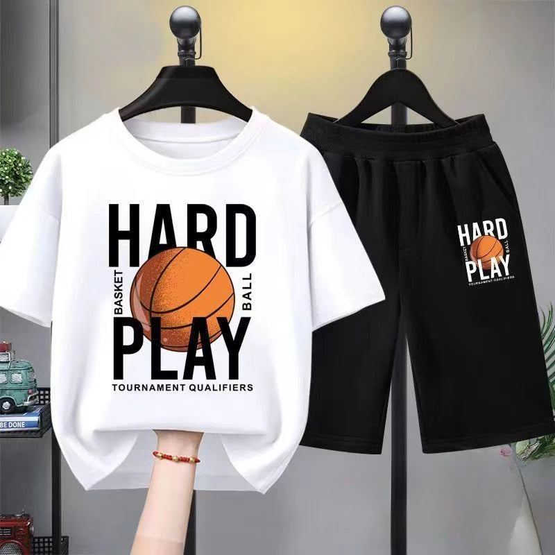 Summer fun basketball printed casual short sleeved T-shirt and shorts, children's fashionable cotton sports set
