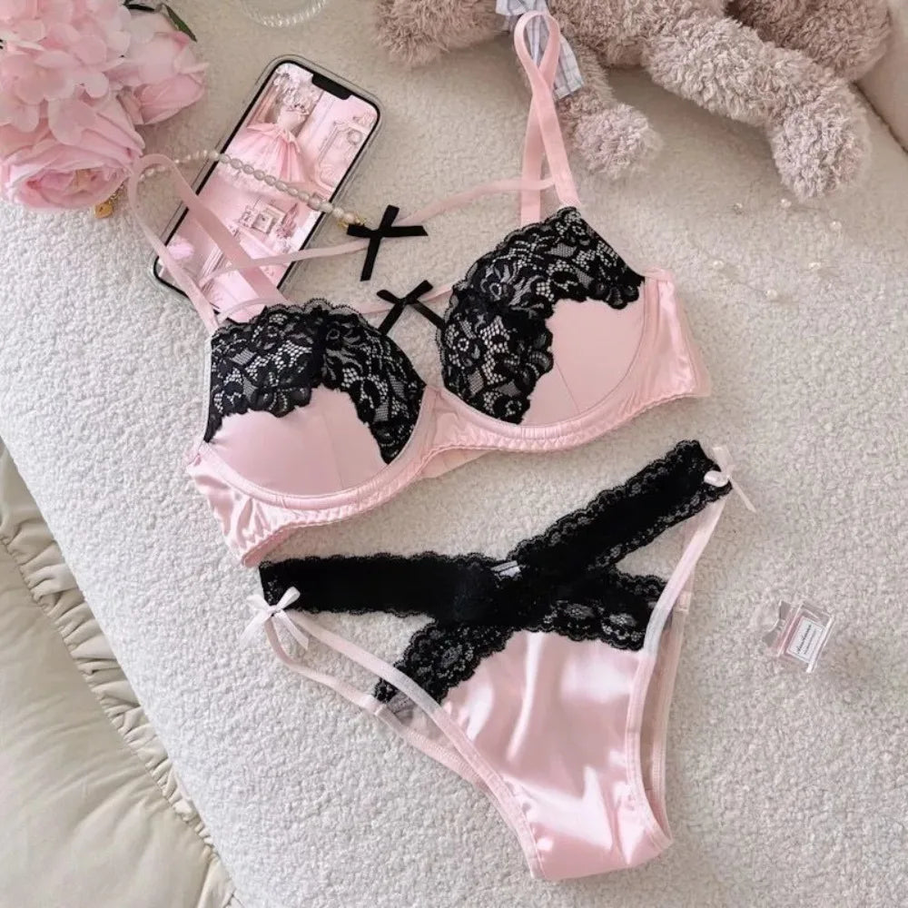 Women Underpants Low Waist Mesh Hollowed Bow Panties and Bra Set Breathable Briefts Lace Push Transparent Lingerie