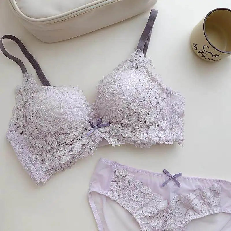 Women's Japanese Style Bra & Panty Set Luxury Lace Push Up Small Bust Support Adjustable Comfort No Gap Wirefree Free Shipping