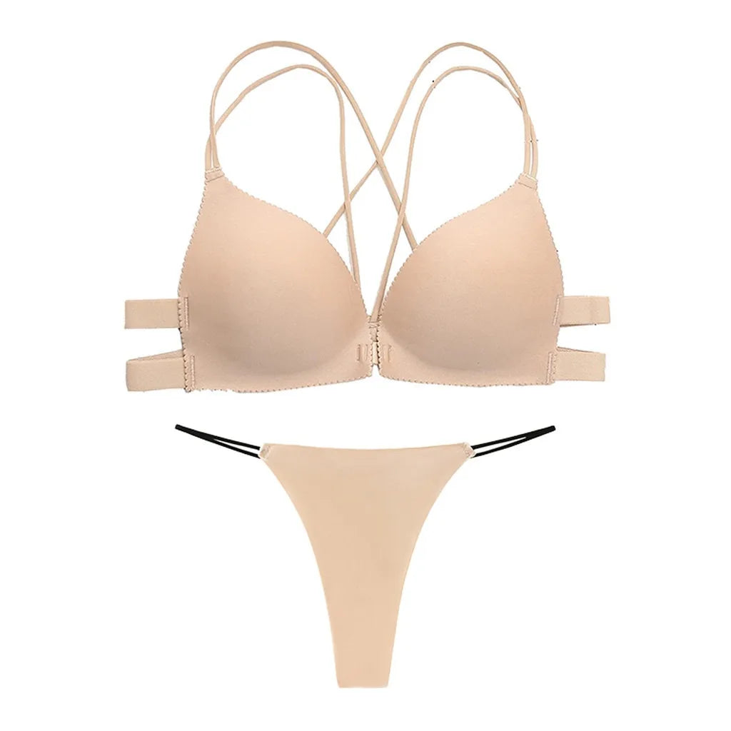 ZXYOUPING Women Bra and Panty Set, Front Button Push-up Bra, Sexy Thong Underwear Set, Seamless Bra and Panty Set Without Wires