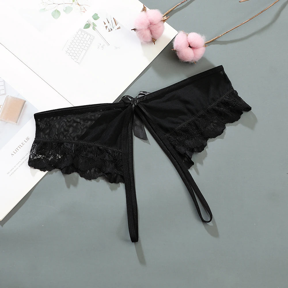 Sexy Female Llingerie  Sexy Lingerie Women's Panties Crotch Opening Transparent G-strings Thongs Hollow Out Solids Bowknot Under