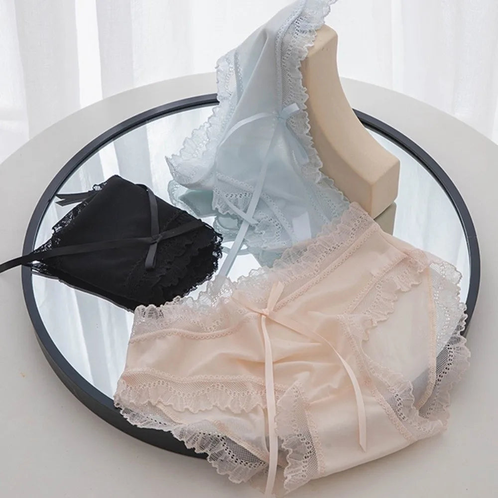 Lingerie Low Waist Lace Panties Ice Silk Bow Underwear for Women Cotton Crotch Seamless Panties Girl